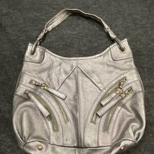 B Makowsky Metallic Silver Pebbled Leather Hobo Bag Leopard Print Lining Zipper